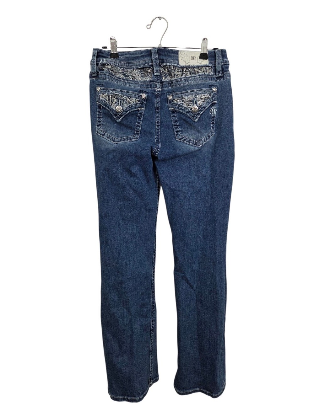 Miss Me Silver Echo Blues Mid Rise Bootcut Jeans Faux Flap Pockets Size 28 Boho